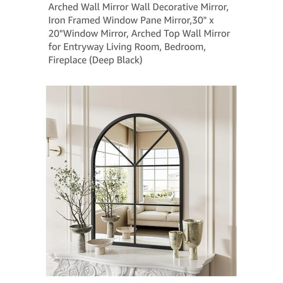 #6782 Arched Wall Mirror Iron Frame Window Pane 30"x20" Arched Top (Deep Black) - Picture 1 of 2